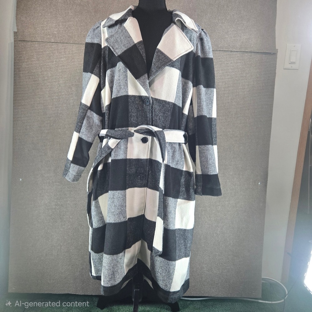G by Giuliana Women 2X Black White Buffalo Plaid Belted Wool Blend Trench Coat